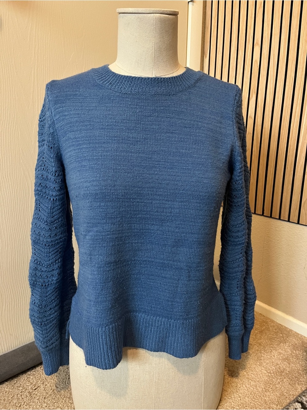 Christian Siriano Denim Blue Crewneck Sweater with Lace-Style Sleeves